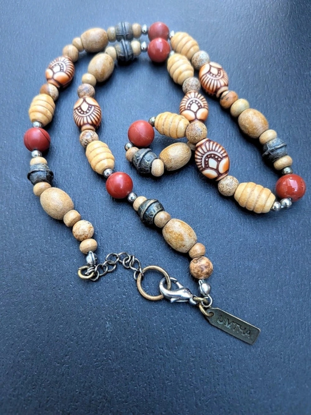 UMTHA Handcrafted South African Beaded Statement Necklace Natural Wood Stone